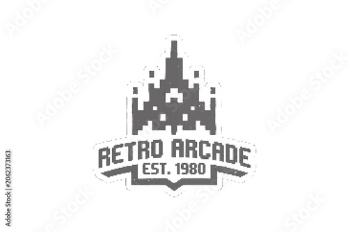 Retro arcade sticker with pixel art castle logo