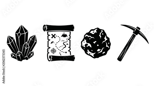 Foto Set of Mining and Adventure Icons Featuring Crystals Map Ore and Pickaxe Tools