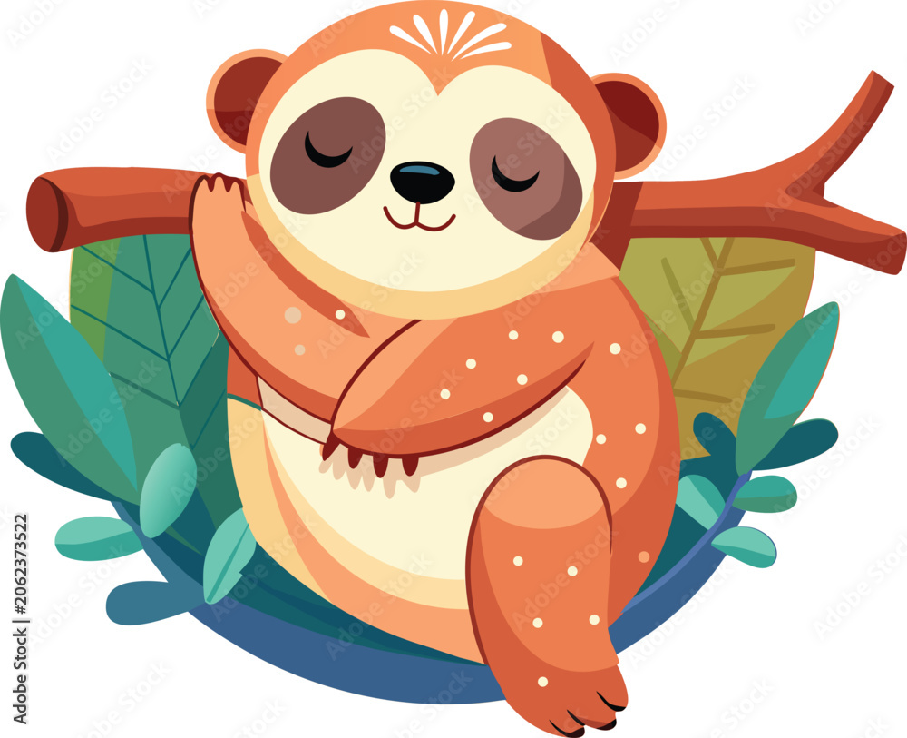 Fototapeta premium Cute cartoon sloth sleeping on a tree branch surrounded by tropical leaves