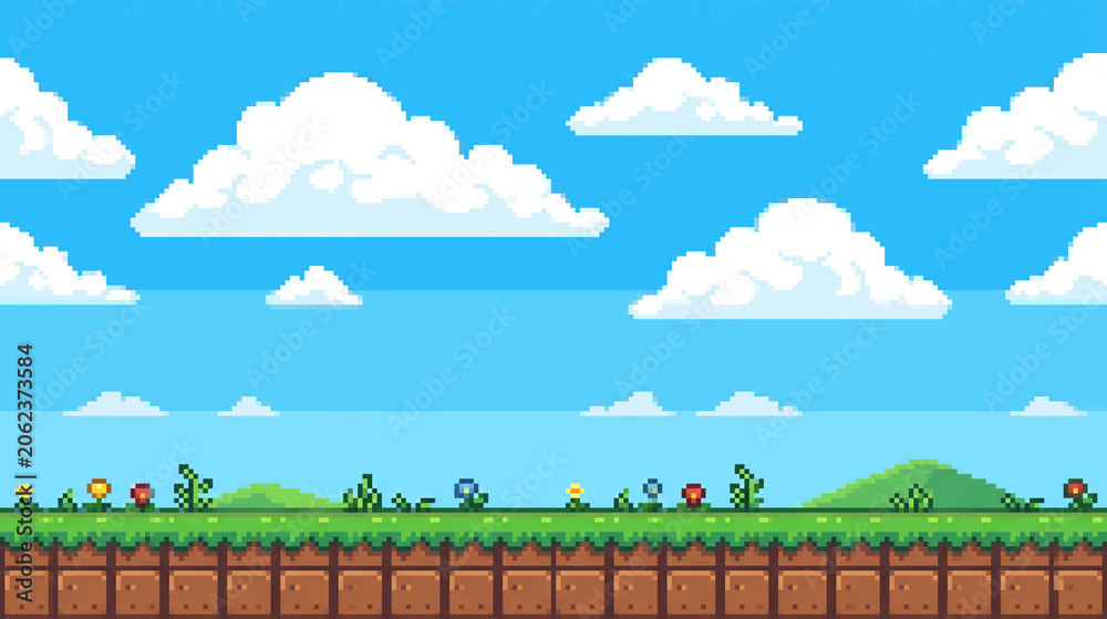 Obraz premium Pixel art platformer game background with grass field, flowers and clouds