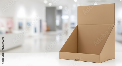 Empty cardboard display box on a white table with blurred background, perfect for product presentation.