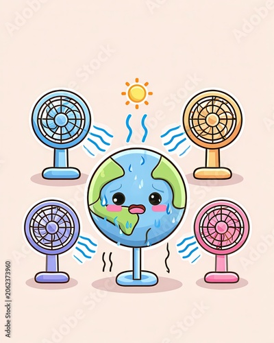 Overheated Earth Cooled by Fans Illustrating Climate Change and Extreme Heat
