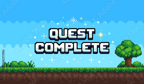 Pixel art game background with quest complete text. Game design concept in retro style. Vector illustration eps 10