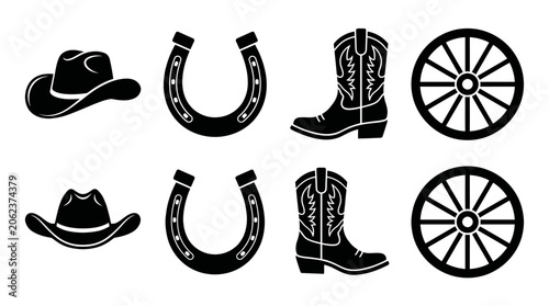 Wild West Cowboy Silhouette Icon Set with Hats Boots Horseshoes and Wheels