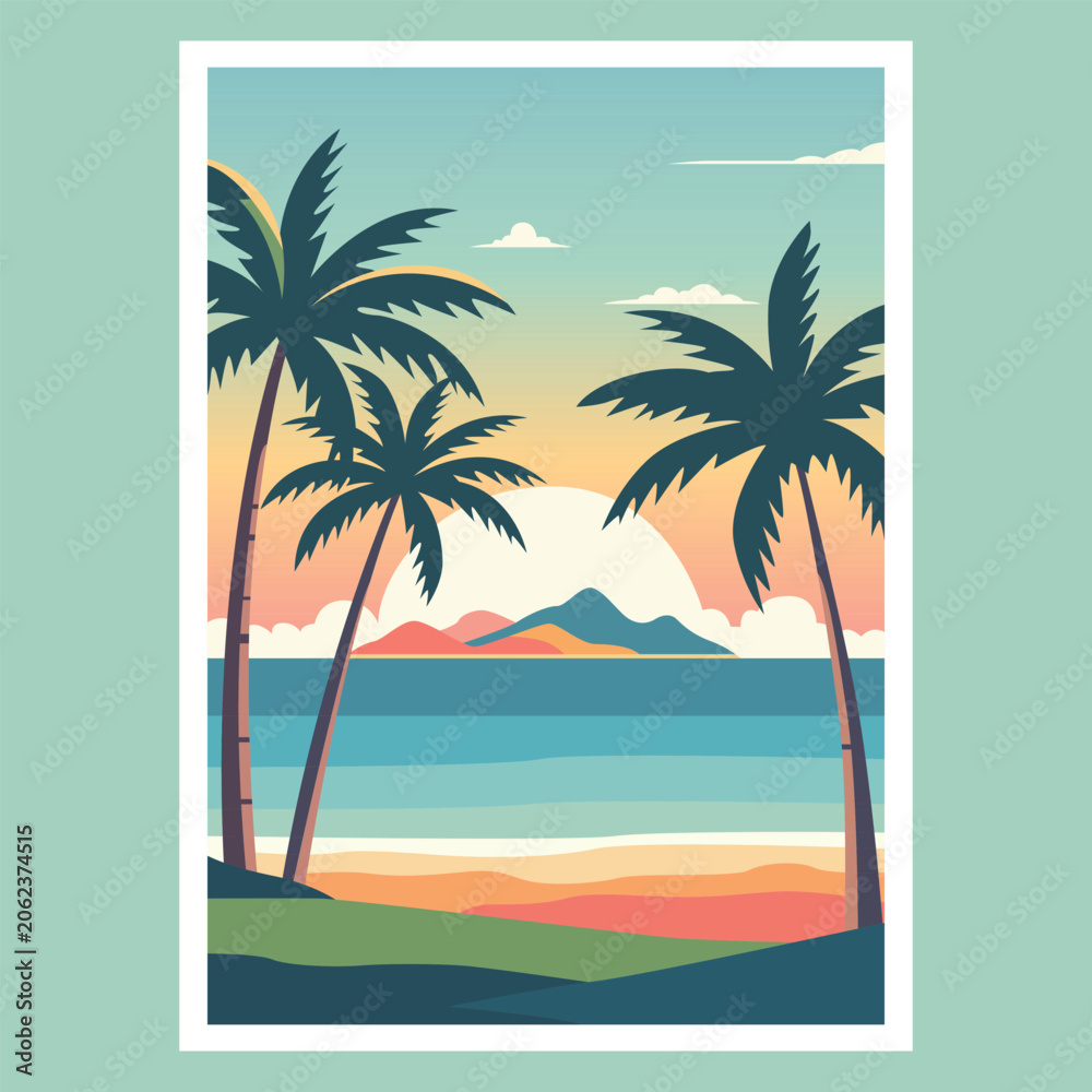 Obraz premium Minimalist flat vector tropical beach landscape illustration with palm trees and sunset