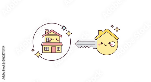 Cartoon house and key illustration for real estate and home ownership concept