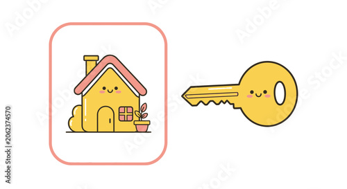 Cartoon house and key illustration for real estate and home security concept