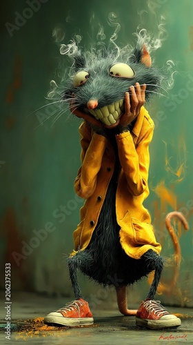 Cartoon rat wearing sneakers and a yellow jacket, holding its face and smiling