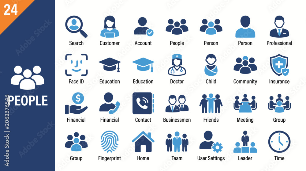 Fototapeta premium Blue vector icon set of people illustrating education, business, finance, and community concepts to visualize teamwork, roles, and collaboration.