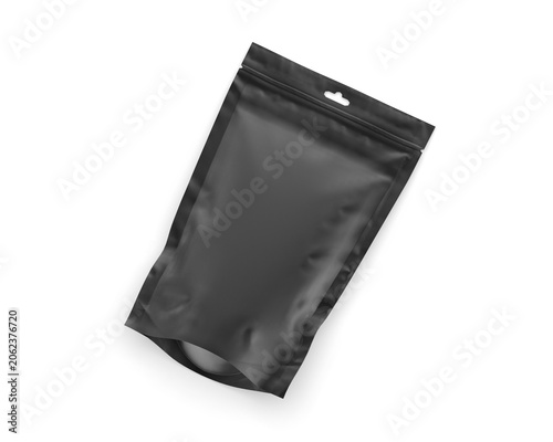 Black metallic Zipper pouch packaging mockup template for display design on food packaging, cosmetic products and medical items like protein powder supplements.