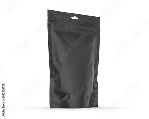 Black metallic Zipper pouch packaging mockup template for display design on food packaging, cosmetic products and medical items like protein powder supplements.