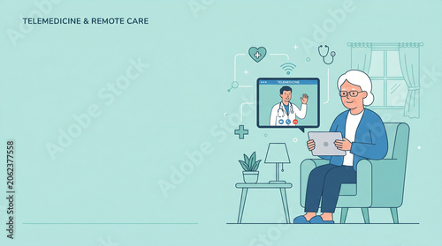 タブレットでオンライン診療を受けるシニア世代のイラストです。
遠隔医療や健康相談などのデジタル医療サービスを表現しています。