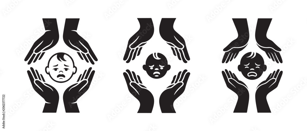 Fototapeta premium Hands Protecting A Crying Baby Icon Set Representing Child Safety And Care In A Minimalist Style.