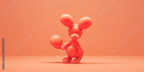 Glossy red balloon animal mouse character on pastel orange background 3D render