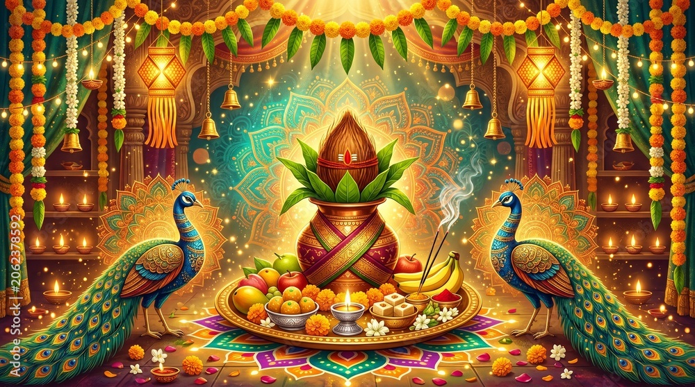 Fototapeta premium Traditional kalash with coconut beside elegant peacocks under glowing lamps and floral garlands digital art for auspicious festival banner