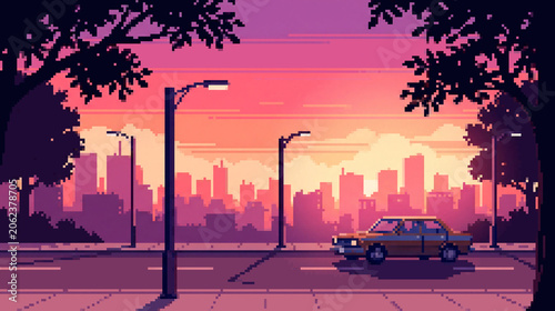 Pixel art sunset city street background with car and urban skyline