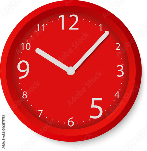 Modern round red wall clock with white numbers and hands. Vector illustration isolated on a white background.