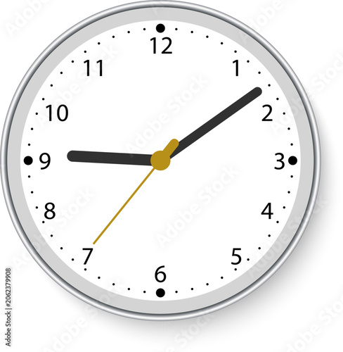 Classic round wall clock with numbers, black hands, and a gold second hand. Vector illustration on white.
