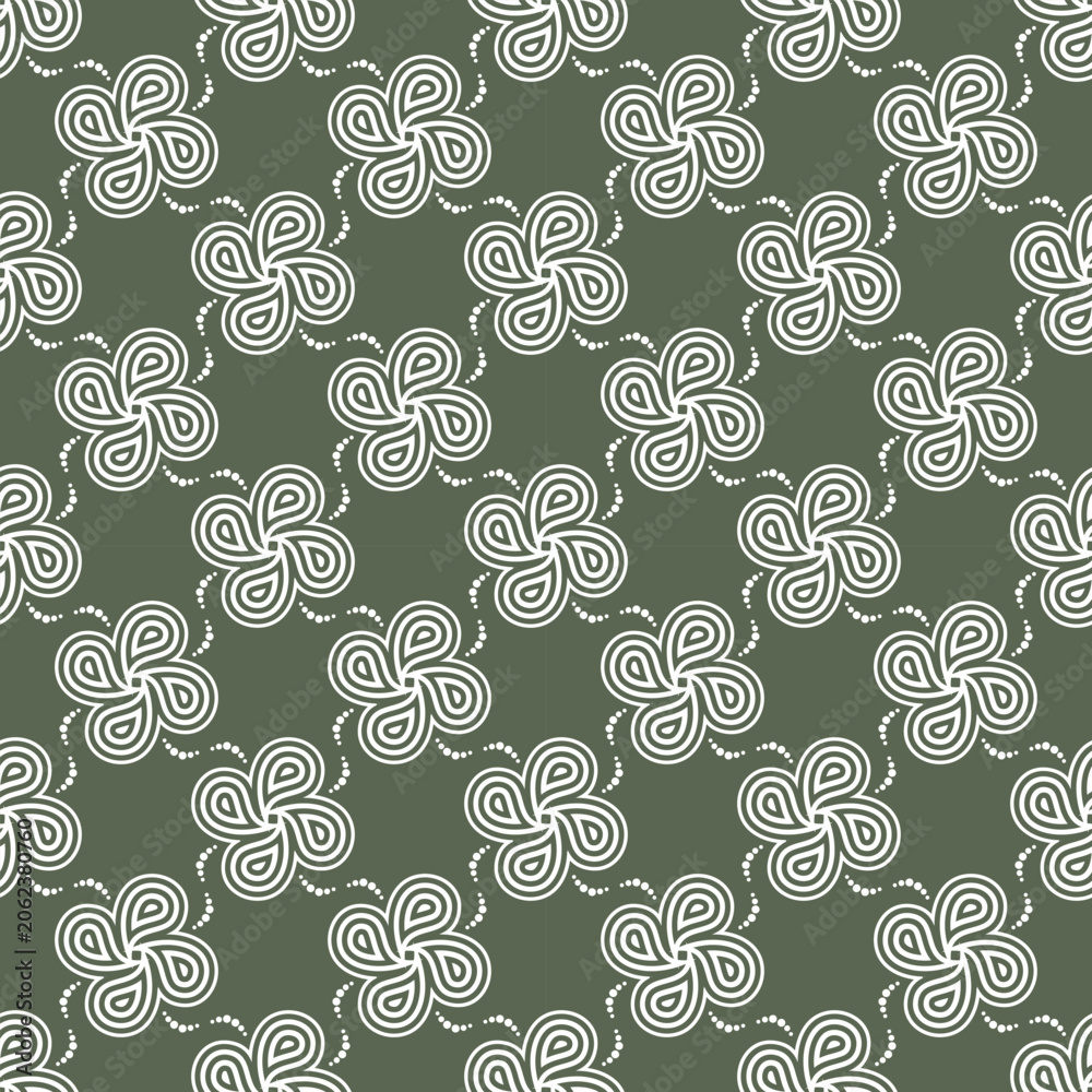 Fototapeta premium Elegant seamless pattern with white line art swirls on olive green background. Minimalist abstract floral vector illustration for packaging, textile fabric, wallpaper, and nature inspired design.