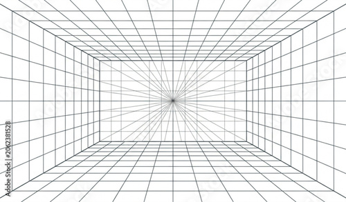 One Point Perspective Grid Background 3D Interior Design Vector Illustration