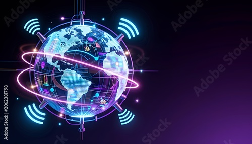 Vibrant Neon Globe Illustration with Global Connectivity Elements