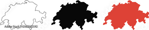 Switzerland map, icons featuring outline, silhouette and flag designs isolated on white background for mapping and branding.
