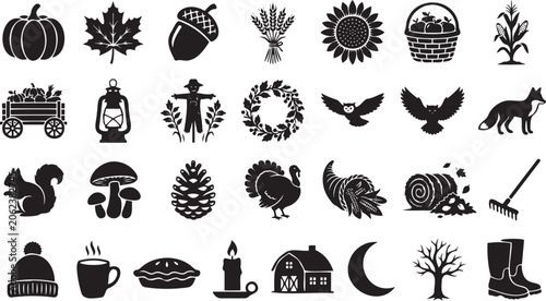 Bild auf Leinwand Detailed collection of black vector silhouettes representing autumn seasonal ele