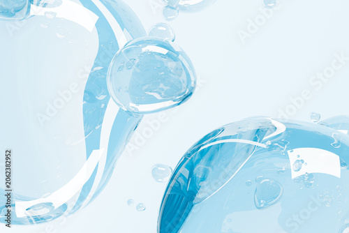 Abstract cosmetic serum bubbles with transparent gel texture blue background. Hydrating skincare concept with moisturizing liquid droplets and copy space for beauty branding. Close up macro drops.
