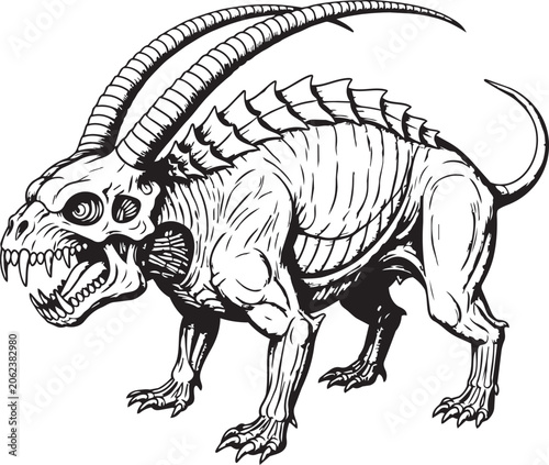 Quadro su tela Grotesque skeletal creature with long horns and sharp teeth in a menacing stance