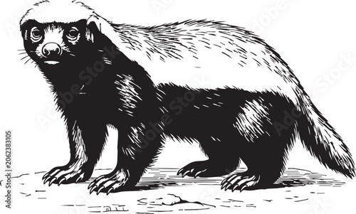 Fotografie Honey Badger Standing on Textured Ground with White Detail in Black and White