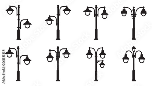 Modern and classic multi lamp street light silhouettes for public park and urban walkway.