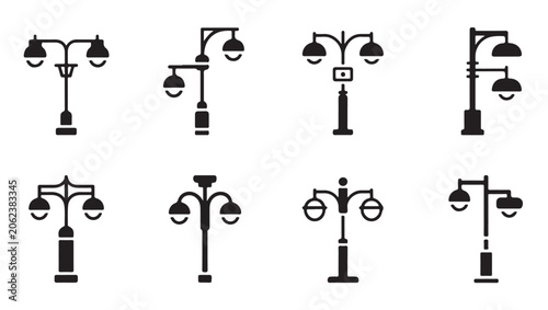 Tableau sur toile Set of various vintage street lamp post silhouettes for outdoor and garden lighting designs
