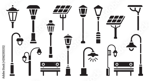 Obraz na plátne Diverse set of streetlights and park benches including solar powered options in silhouette
