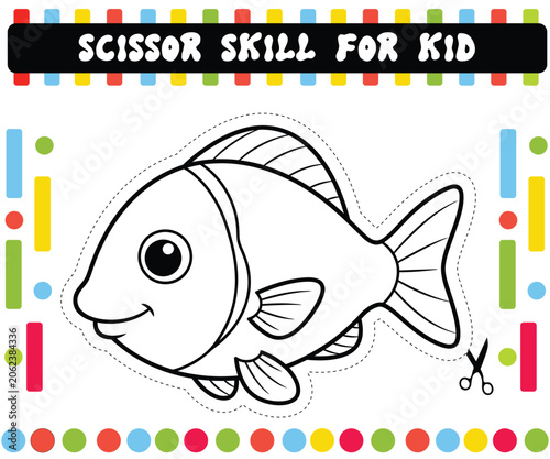 Fish Scissor Skills Activity Worksheet for Kids and Adults, Printable Cutting Practice Page with Cute Aquatic Animal Illustration, Preschool Fine Motor Learning Craft Template