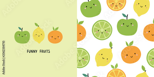 Cute seamless fruit pattern. Cartoon kawaii apple, lemon, orange. Vector illustration