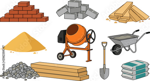 Fotografija Building Materials and Construction Site Equipment Vector Icon Set with Bricks C