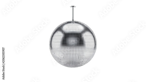 A spherical disco ball covered in small mirrored glass tiles suspended from a vertical metal support rod isolated on a transparent background