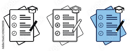 Konstfotografi Academic graduation exam and checklist icons set with mortarboard cap and pencil