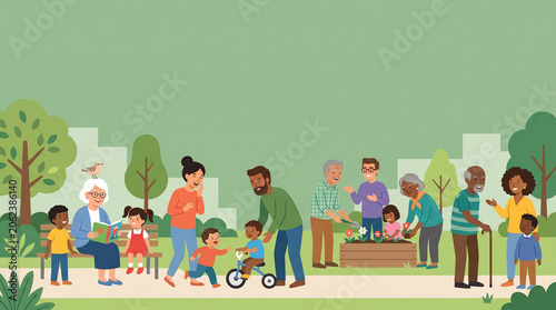 子どもから高齢者までが交流する様子を描いたベクターイラストです。
世代を超えたつながりや地域コミュニティの活性化を表現しています。