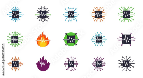Bild auf Leinwand Computer Chip Heartbeat Pulse Icon Set