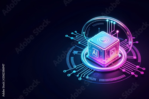 Neon Illustration of AI Concept with Abstract Digital Elements