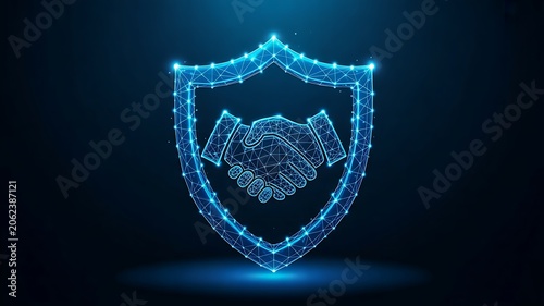 Digital cybersecurity shield with handshake representing secure business partnership and trust