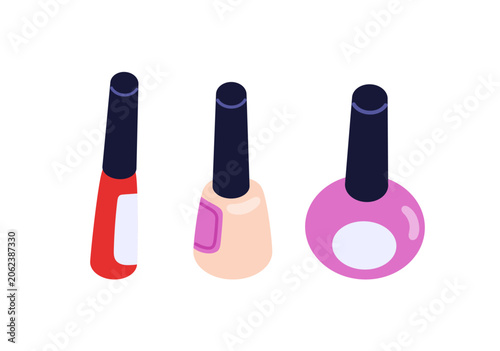 Nail polish bottles in different colors. Red, nude beige and pink varnish jar...
