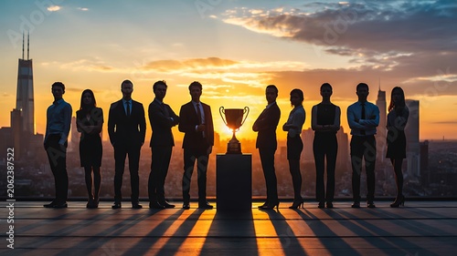Business team standing with trophy at sunset celebrating leadership success