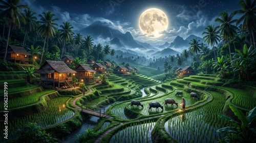 Serene Rice Fields Under Full Moonlight in Tropical Landscape