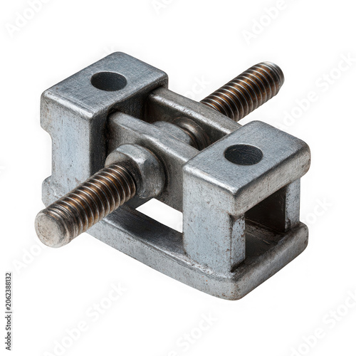 Metal clamp with two bolts on gray background