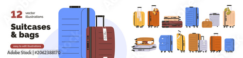 Luggage, trolley suitcases set. Carry-on and hand baggage packed for trip. Tr...