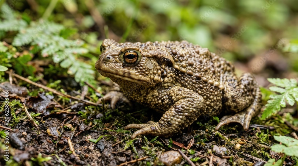 Obraz premium A large brown toad sitting on damp soil