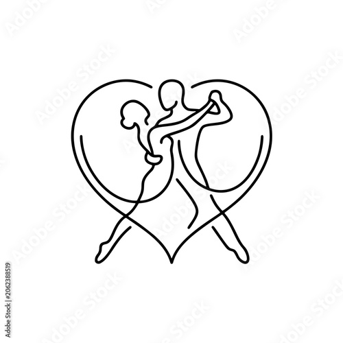 Minimalist line art ballet dancers performing elegant duet dance illustration. Minimalist line art ballet couple performing graceful dance inside heart shape illustration