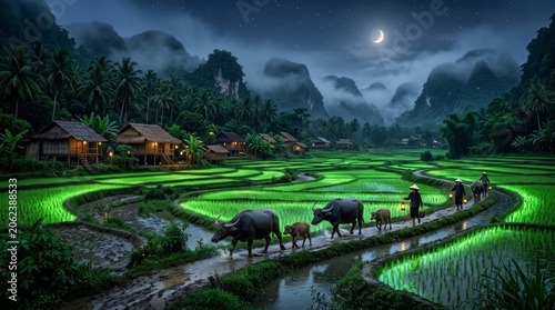 Serene Nighttime Landscape with Farmers Walking Near Rice Fields